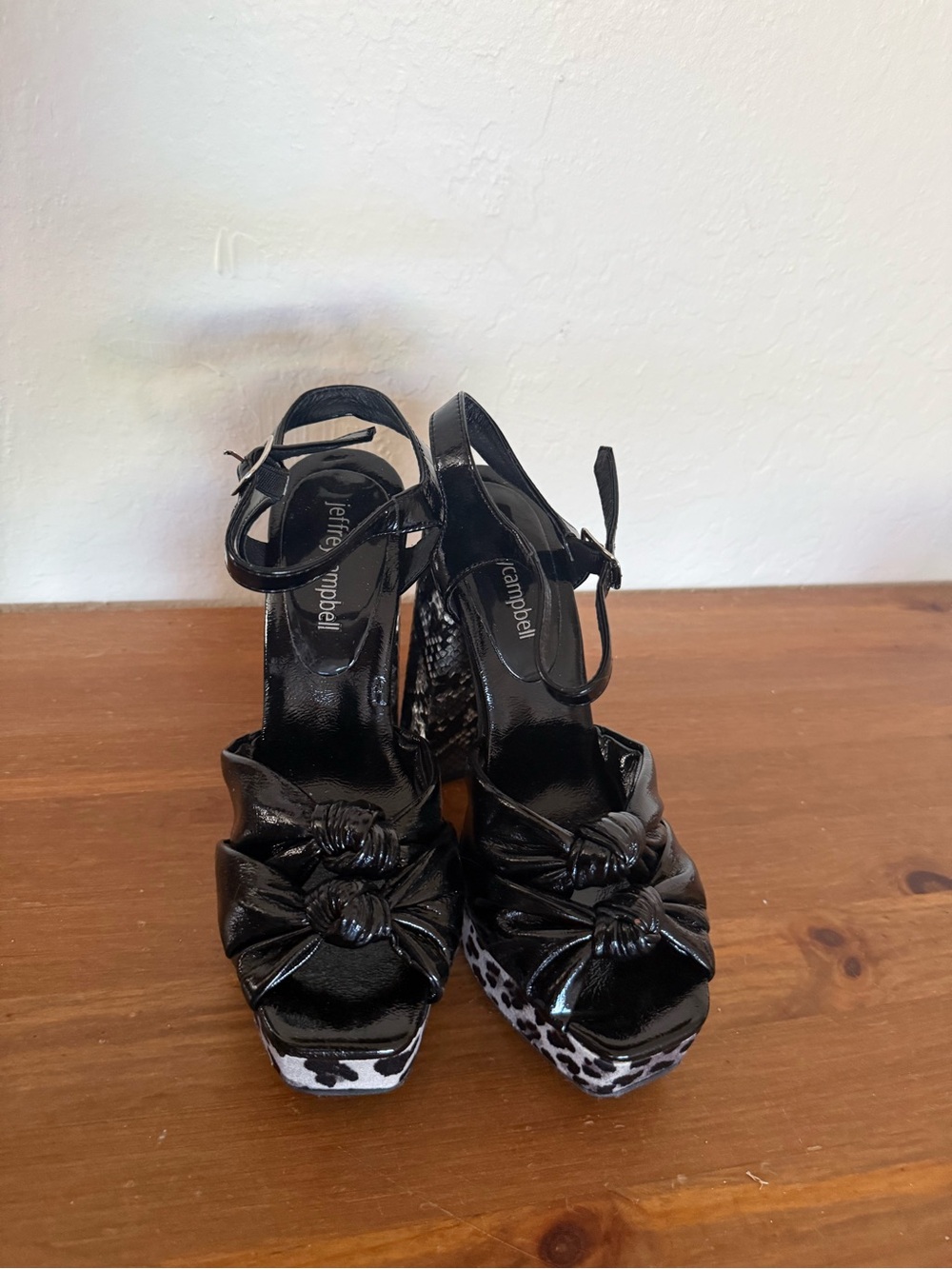 Jeffrey Campbell Black Patent Knot Front Platform Sandals with Leopard Platform